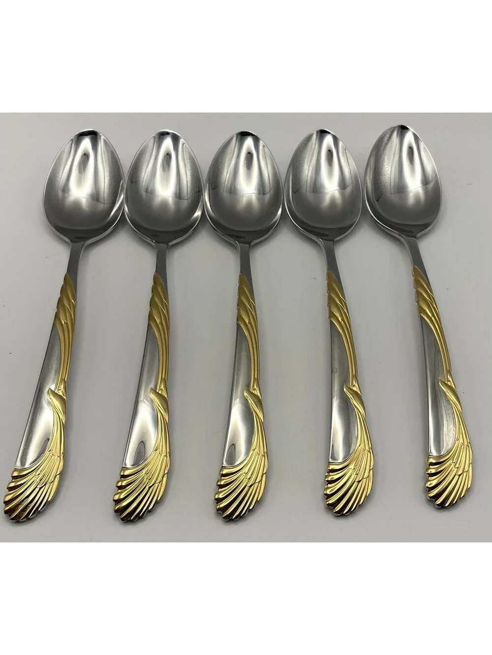 (5) Sasaki WINGS Gold Accent Gerald Patrick Stainless Teaspoon Lot ~ 6.5”